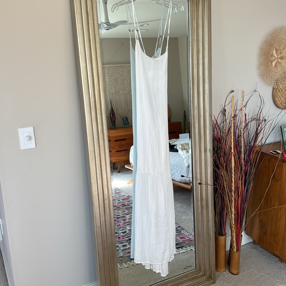 Indah Open Back Cross Tie Ruffle Bottom White Maxi Dress - Picture 2 of 6